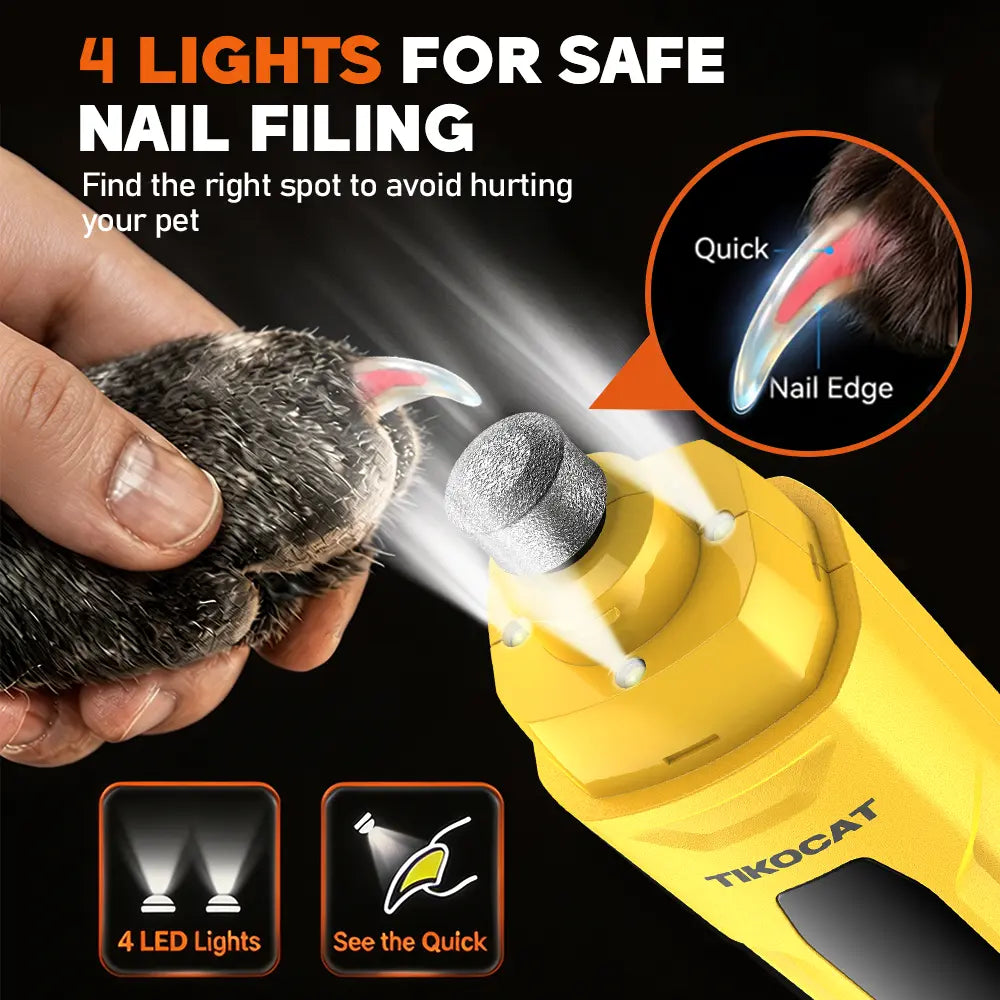 TIKOCAT Ultra Quiet Electric Pet Nail Grinder with LED Lights - Safe and Stress-Free Grooming Tool for All Dog and Cat Breeds, Features 3 Grinding Bits, 6-Speed Settings, Rechargeable Design with Dust Collection Cup (Yellow)