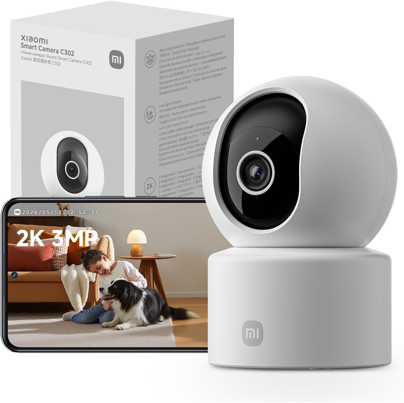 C302 Indoor Camera, 2K 3MP Wi-Fi Pet Camera, 360° Panorama, Privacy Shield, Virtual Barrier, Person and Pet Detection & Tracking, Starlight Colour Night Vision, Two-Way Audio, Alexa & Google
