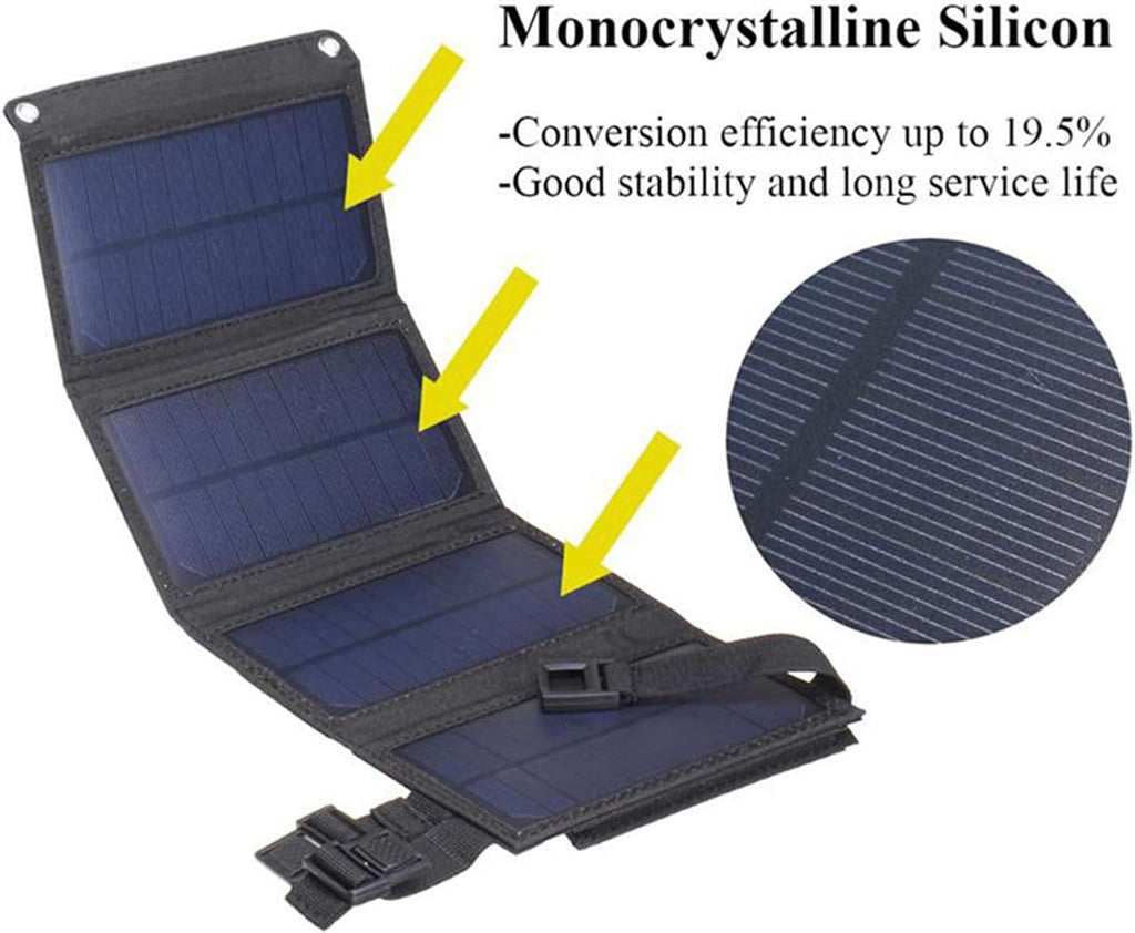 Solar Charger Folding Solar Panel Power Bank with USB Port Portable Solar Panels Compatible with Mobile Phone Solar Panel for Camping with 2 Buckles Outdoor Solar Charger Water Proofing