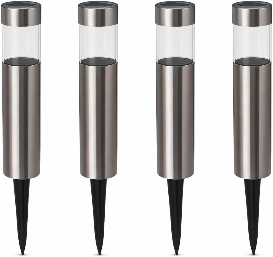 Set of 4 Modern Stainless Steel Solar Bollard Lights, 35Cm | Solar Powered, Waterproof, Anti-Rust, Auto ON/OFF