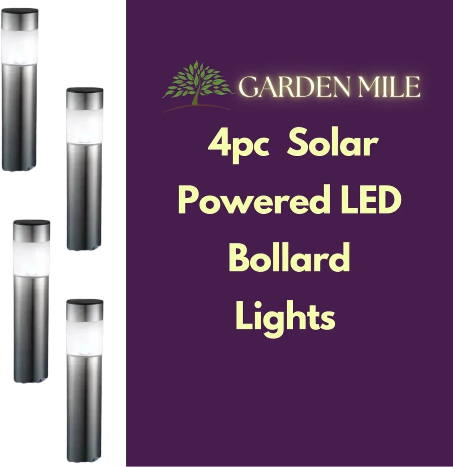 Set of 4 Modern Stainless Steel Solar Bollard Lights, 35Cm | Solar Powered, Waterproof, Anti-Rust, Auto ON/OFF