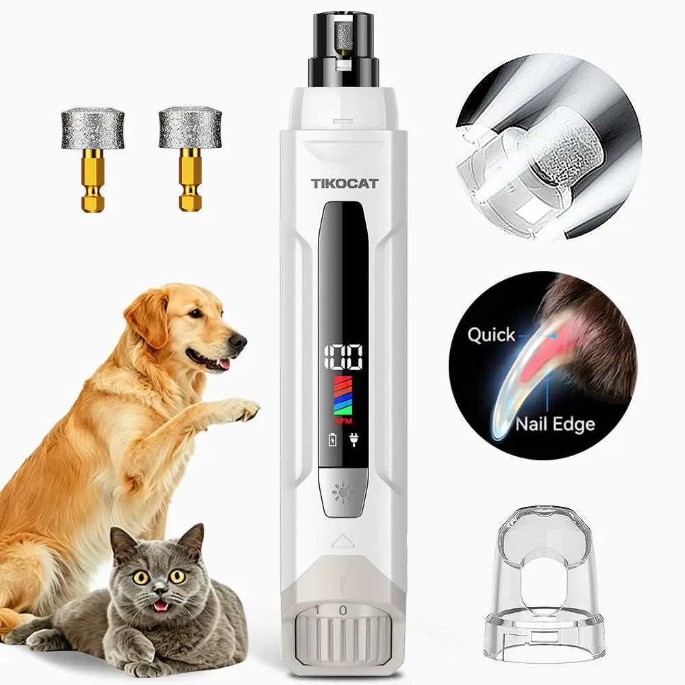 TIKOCAT Ultra Quiet Electric Pet Nail Grinder with LED Lights - Safe and Stress-Free Grooming Tool for All Dog and Cat Breeds, Features 3 Grinding Bits, 6-Speed Settings, Rechargeable Design with Dust Collection Cup (Yellow)