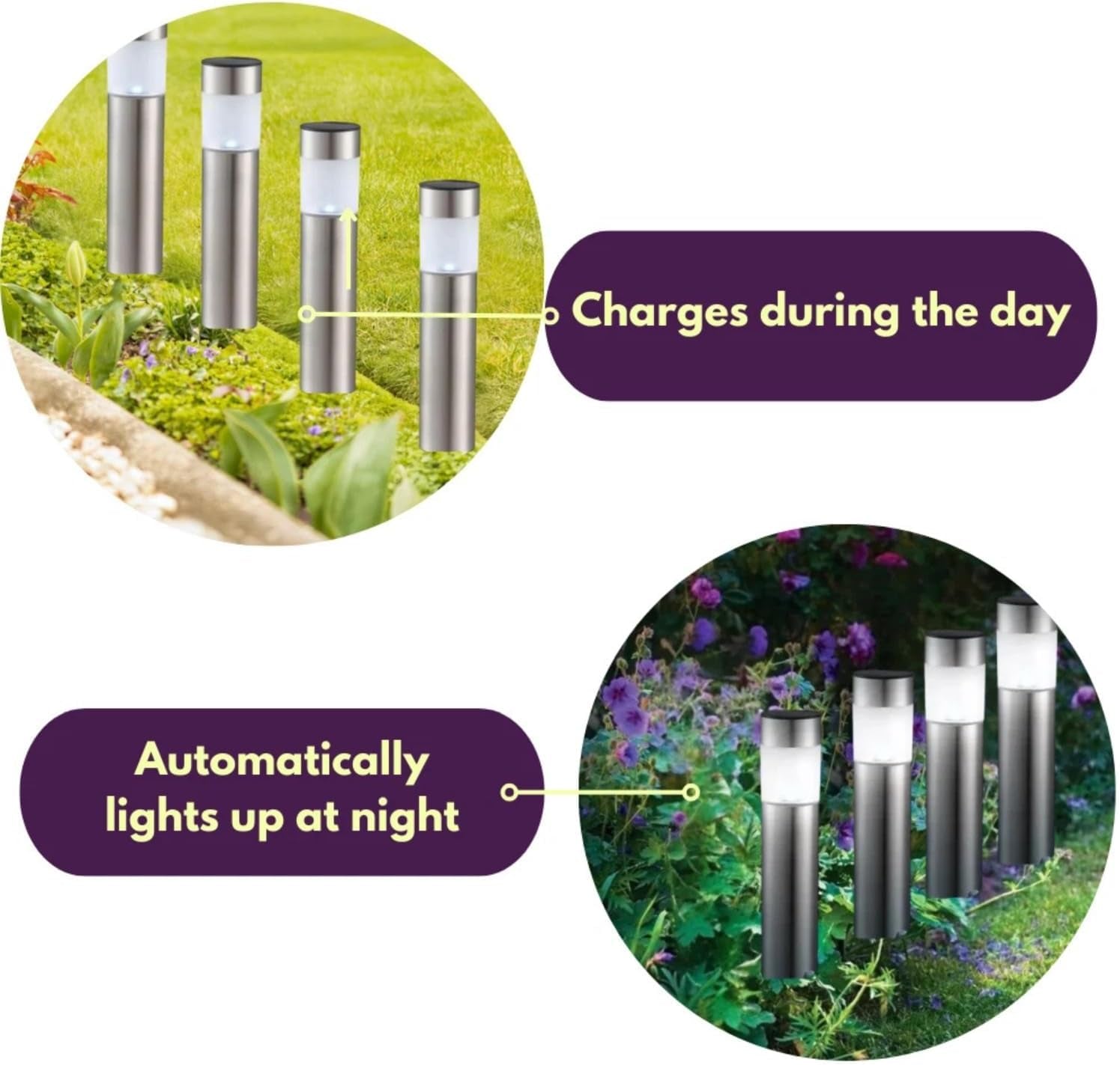 Set of 4 Modern Stainless Steel Solar Bollard Lights, 35Cm | Solar Powered, Waterproof, Anti-Rust, Auto ON/OFF