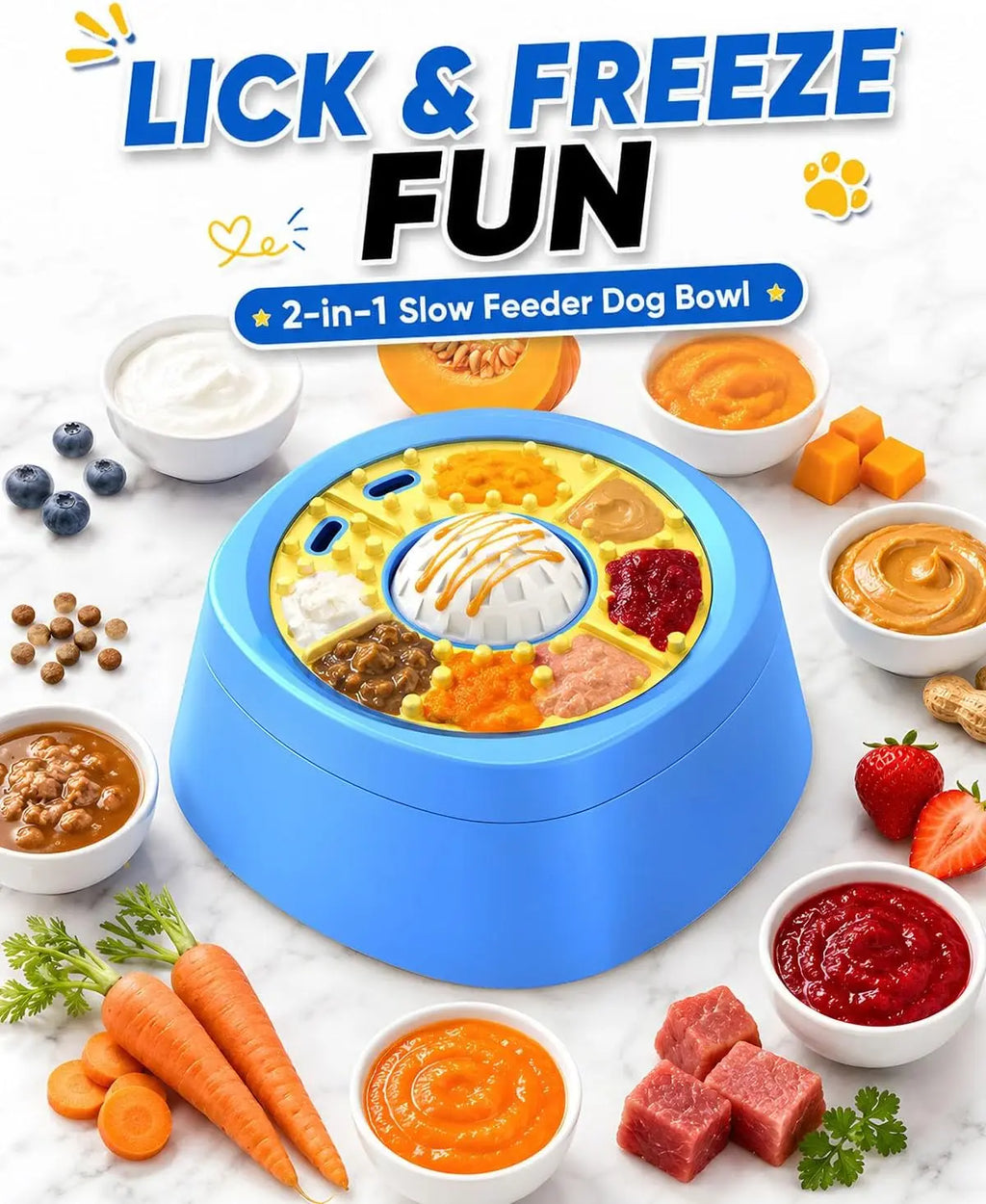 Interactive Slow Feeder Dog Bowl - 2-In-1 Enrichment Feeder with Rolling Lick Ball for Fast Eaters, Anti-Slip Suction Base for Frozen Treats, Yogurt & Wet Food, for Dogs & Cats