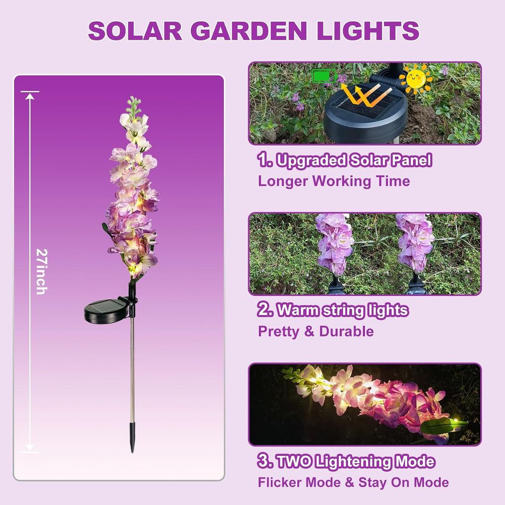 Solar Lights Outdoor, 2 Pack Upgraded Delphinium Solar Garden Lights,Waterproof Outdoor Light Solar Powered,Flower Garden Ornaments for Yard Lawn Patio Porch Pathway Cemetery Decorations (Purple)