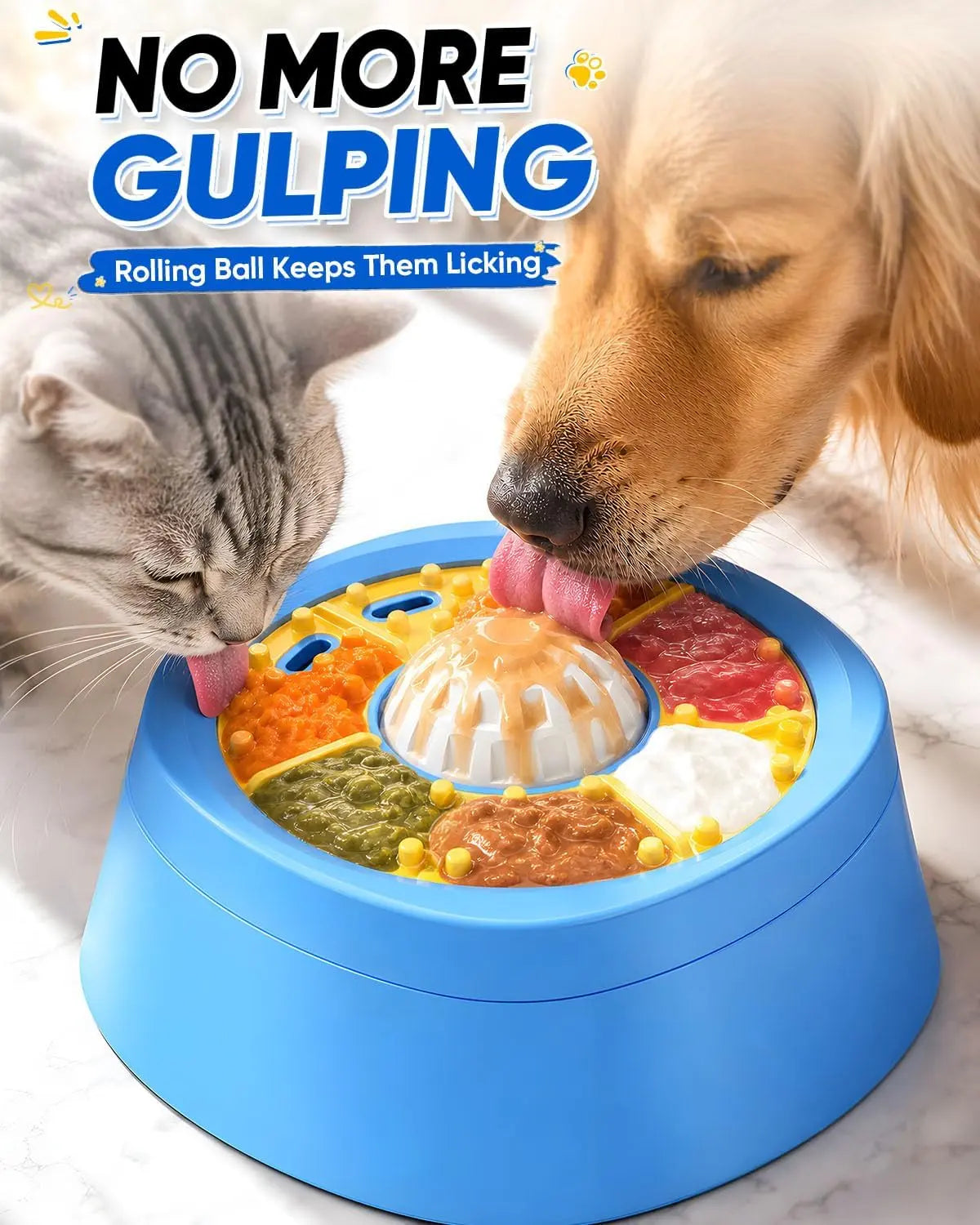 Interactive Slow Feeder Dog Bowl - 2-In-1 Enrichment Feeder with Rolling Lick Ball for Fast Eaters, Anti-Slip Suction Base for Frozen Treats, Yogurt & Wet Food, for Dogs & Cats