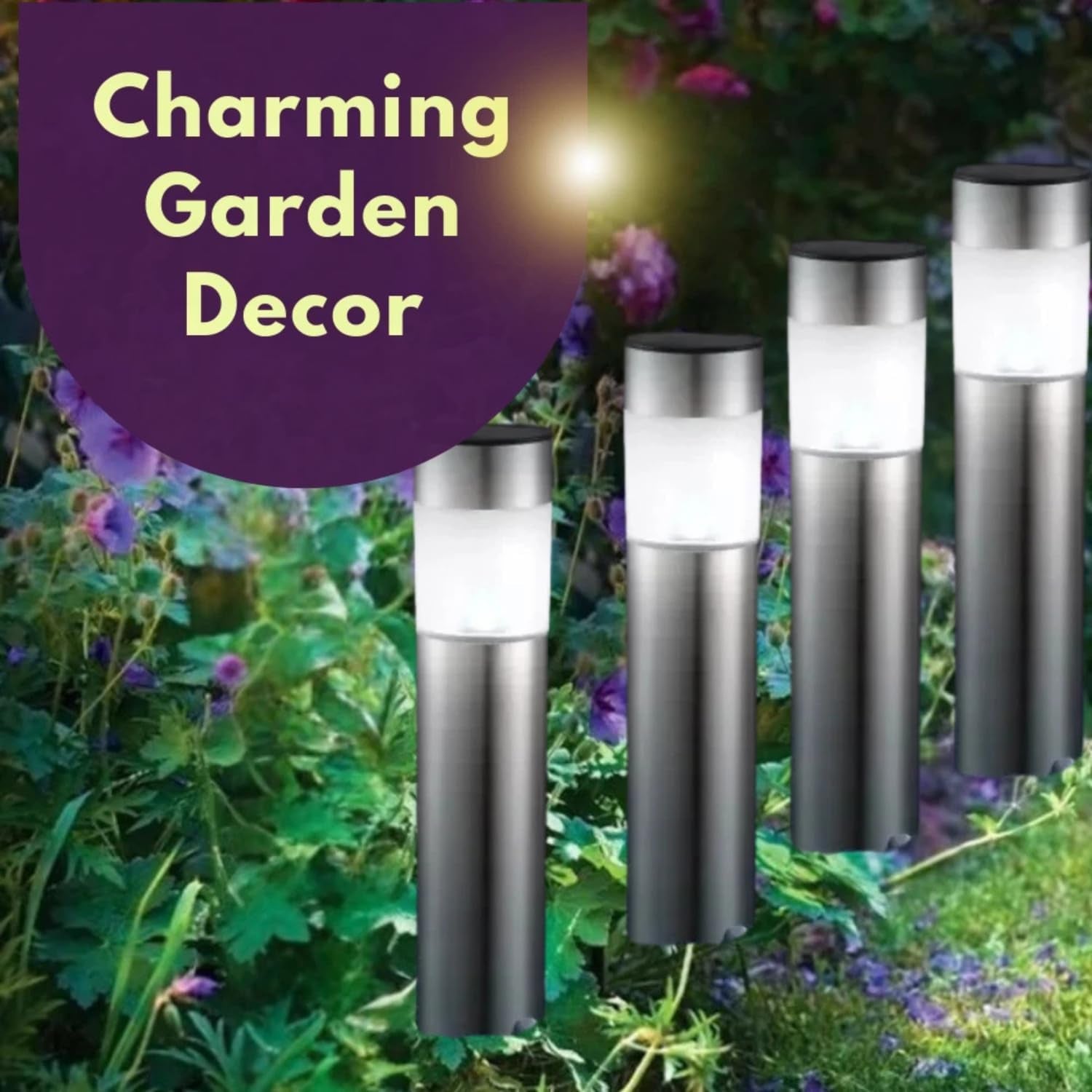 Set of 4 Modern Stainless Steel Solar Bollard Lights, 35Cm | Solar Powered, Waterproof, Anti-Rust, Auto ON/OFF