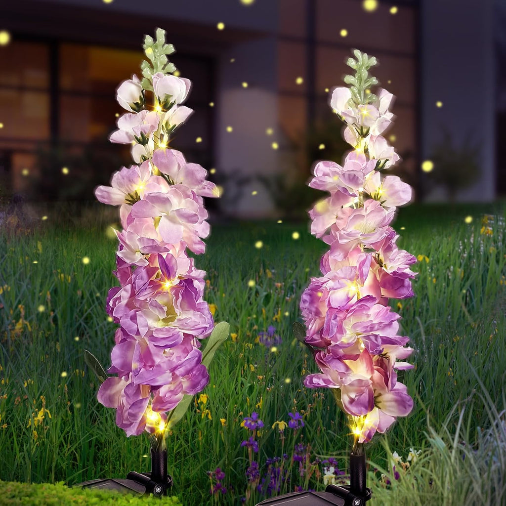 Solar Lights Outdoor, 2 Pack Upgraded Delphinium Solar Garden Lights,Waterproof Outdoor Light Solar Powered,Flower Garden Ornaments for Yard Lawn Patio Porch Pathway Cemetery Decorations (Purple)