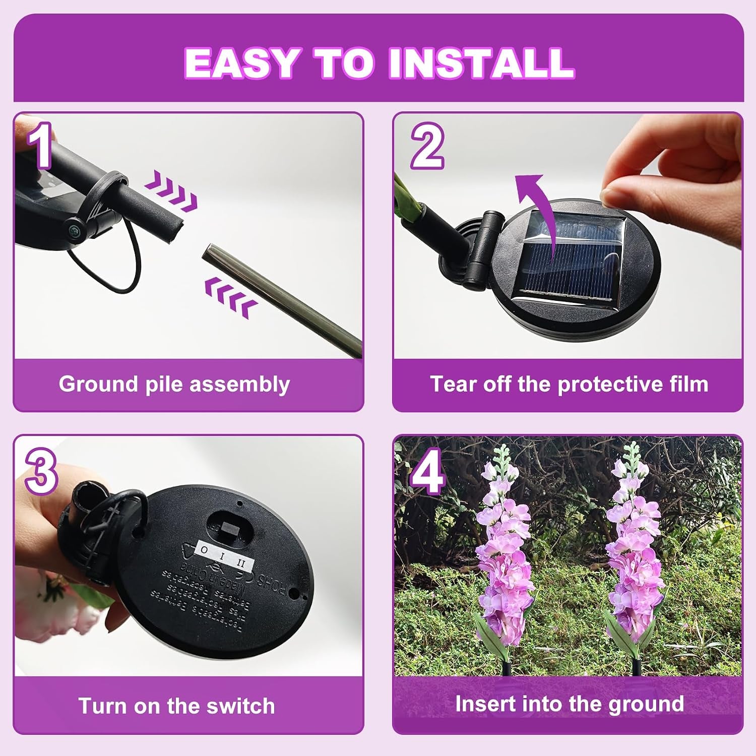Solar Lights Outdoor, 2 Pack Upgraded Delphinium Solar Garden Lights,Waterproof Outdoor Light Solar Powered,Flower Garden Ornaments for Yard Lawn Patio Porch Pathway Cemetery Decorations (Purple)