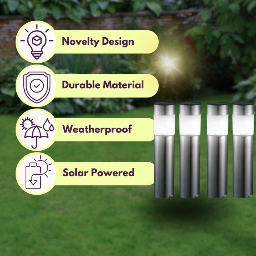 Set of 4 Modern Stainless Steel Solar Bollard Lights, 35Cm | Solar Powered, Waterproof, Anti-Rust, Auto ON/OFF
