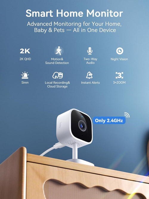 2K 3MP Indoor Security Camera, 2.4Ghz Wifi CCTV Camera Indoor for Home with Night Vision, Motion & Sound Detection, 2-Way Audio, APP Control, 24/7 Recording No Drill Wall Mount Pet Camera
