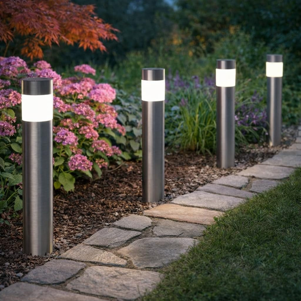 Set of 4 Modern Stainless Steel Solar Bollard Lights, 35Cm | Solar Powered, Waterproof, Anti-Rust, Auto ON/OFF