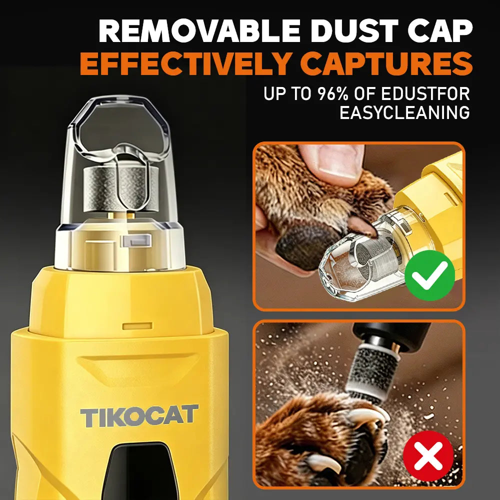 TIKOCAT Ultra Quiet Electric Pet Nail Grinder with LED Lights - Safe and Stress-Free Grooming Tool for All Dog and Cat Breeds, Features 3 Grinding Bits, 6-Speed Settings, Rechargeable Design with Dust Collection Cup (Yellow)