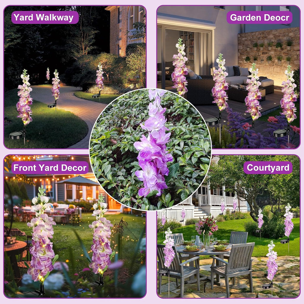 Solar Lights Outdoor, 2 Pack Upgraded Delphinium Solar Garden Lights,Waterproof Outdoor Light Solar Powered,Flower Garden Ornaments for Yard Lawn Patio Porch Pathway Cemetery Decorations (Purple)