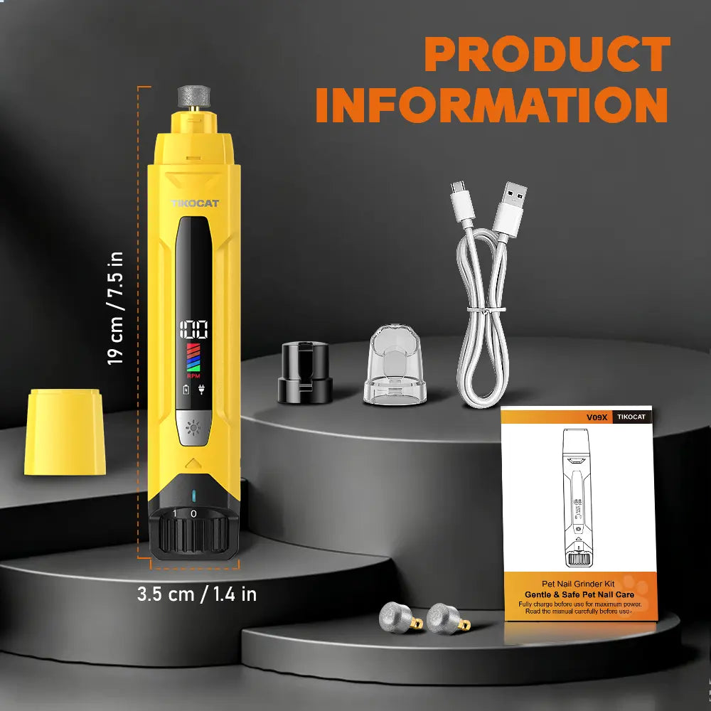 TIKOCAT Ultra Quiet Electric Pet Nail Grinder with LED Lights - Safe and Stress-Free Grooming Tool for All Dog and Cat Breeds, Features 3 Grinding Bits, 6-Speed Settings, Rechargeable Design with Dust Collection Cup (Yellow)