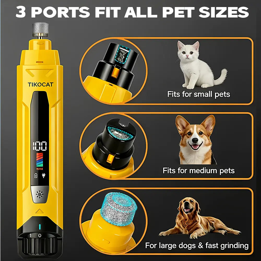 TIKOCAT Ultra Quiet Electric Pet Nail Grinder with LED Lights - Safe and Stress-Free Grooming Tool for All Dog and Cat Breeds, Features 3 Grinding Bits, 6-Speed Settings, Rechargeable Design with Dust Collection Cup (Yellow)