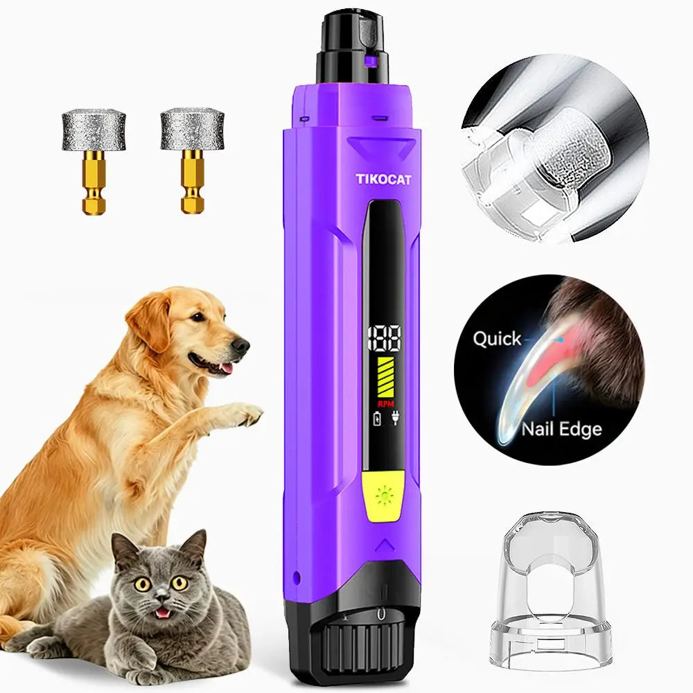 TIKOCAT Ultra Quiet Electric Pet Nail Grinder with LED Lights - Safe and Stress-Free Grooming Tool for All Dog and Cat Breeds, Features 3 Grinding Bits, 6-Speed Settings, Rechargeable Design with Dust Collection Cup (Yellow)