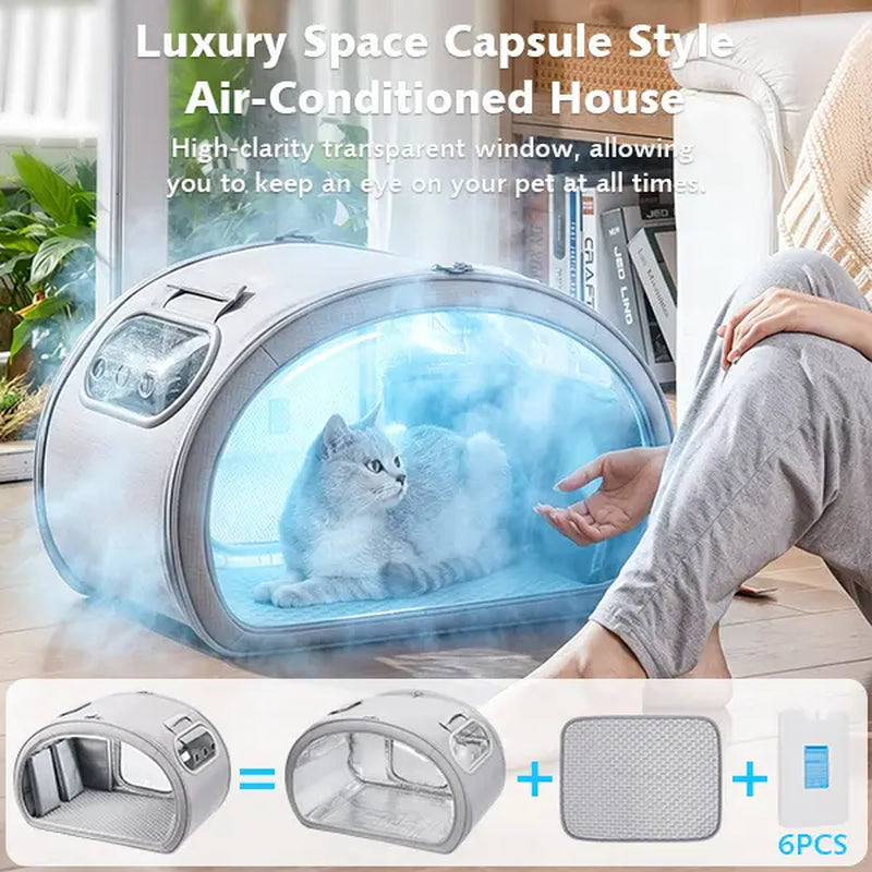 Pet Cooling House - Portable Bubble View Pod with Detachable Cooling Blanket, Full-View Window, Insulated Wall, Fiberglass Rods, No-Assembly Design, All-Season, Folds Flat for Small Dogs/Cats (Indoor & Travel Use) Pecute 