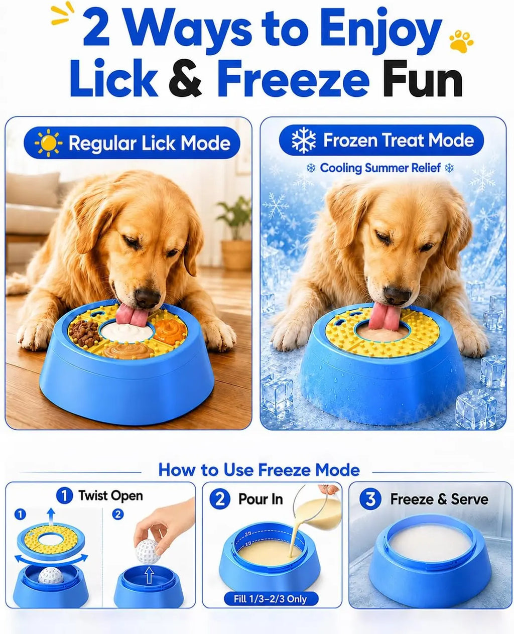 Interactive Slow Feeder Dog Bowl - 2-In-1 Enrichment Feeder with Rolling Lick Ball for Fast Eaters, Anti-Slip Suction Base for Frozen Treats, Yogurt & Wet Food, for Dogs & Cats