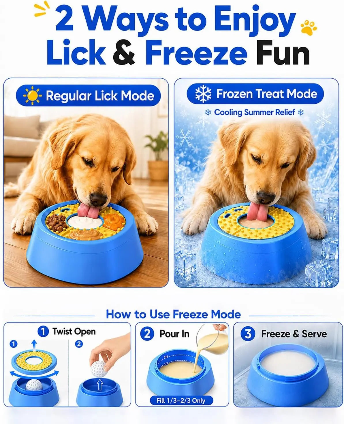 Interactive Slow Feeder Dog Bowl - 2-In-1 Enrichment Feeder with Rolling Lick Ball for Fast Eaters, Anti-Slip Suction Base for Frozen Treats, Yogurt & Wet Food, for Dogs & Cats