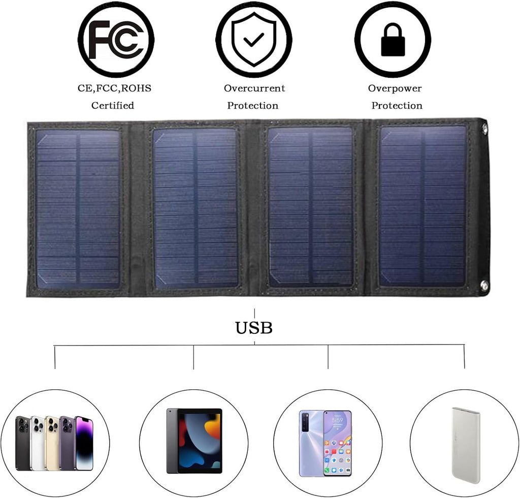 Solar Charger Folding Solar Panel Power Bank with USB Port Portable Solar Panels Compatible with Mobile Phone Solar Panel for Camping with 2 Buckles Outdoor Solar Charger Water Proofing
