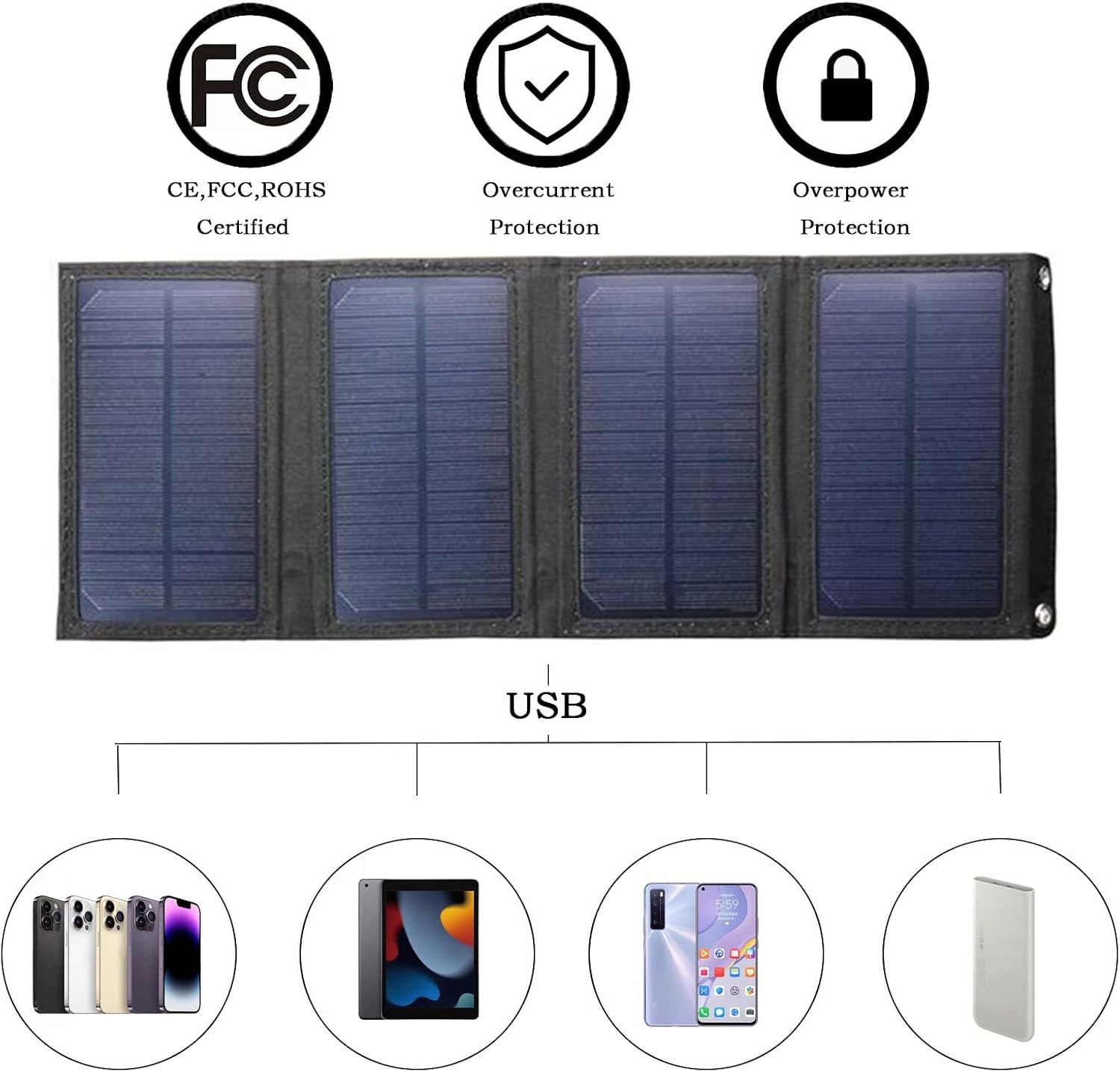 Solar Charger Folding Solar Panel Power Bank with USB Port Portable Solar Panels Compatible with Mobile Phone Solar Panel for Camping with 2 Buckles Outdoor Solar Charger Water Proofing