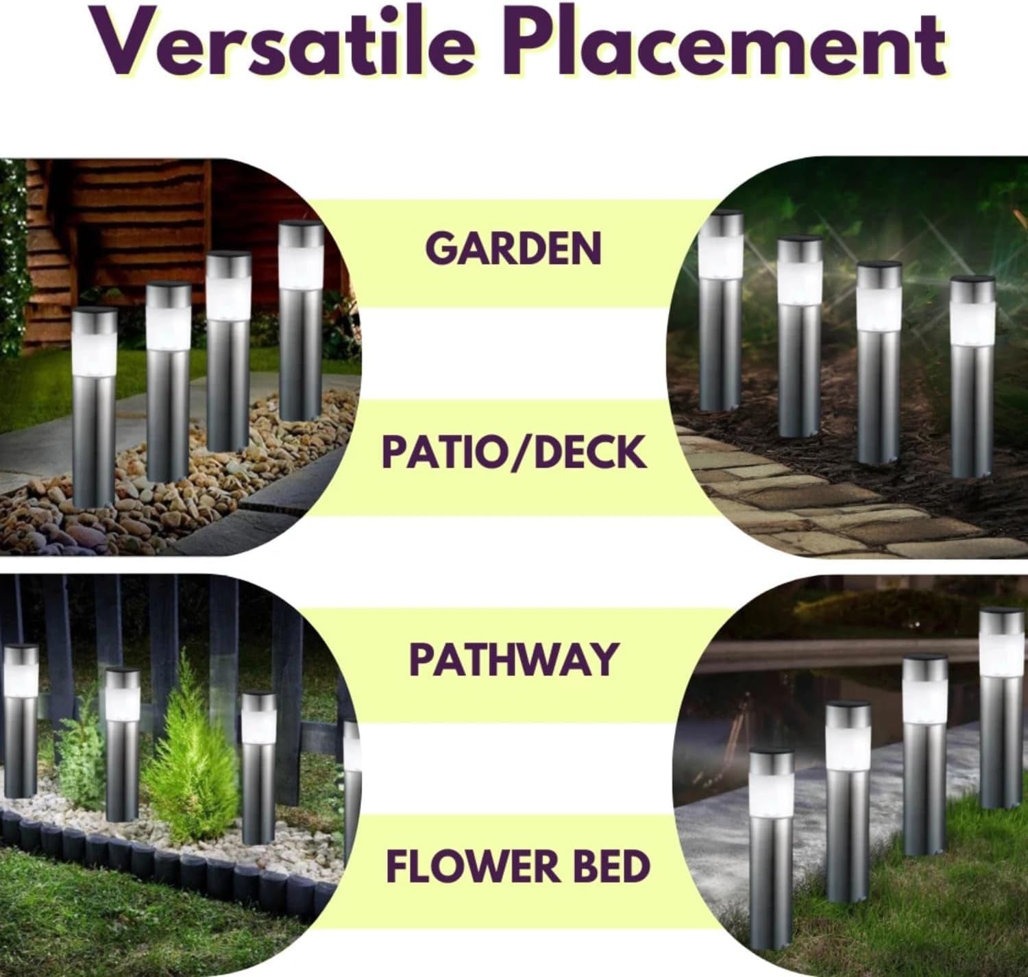Set of 4 Modern Stainless Steel Solar Bollard Lights, 35Cm | Solar Powered, Waterproof, Anti-Rust, Auto ON/OFF