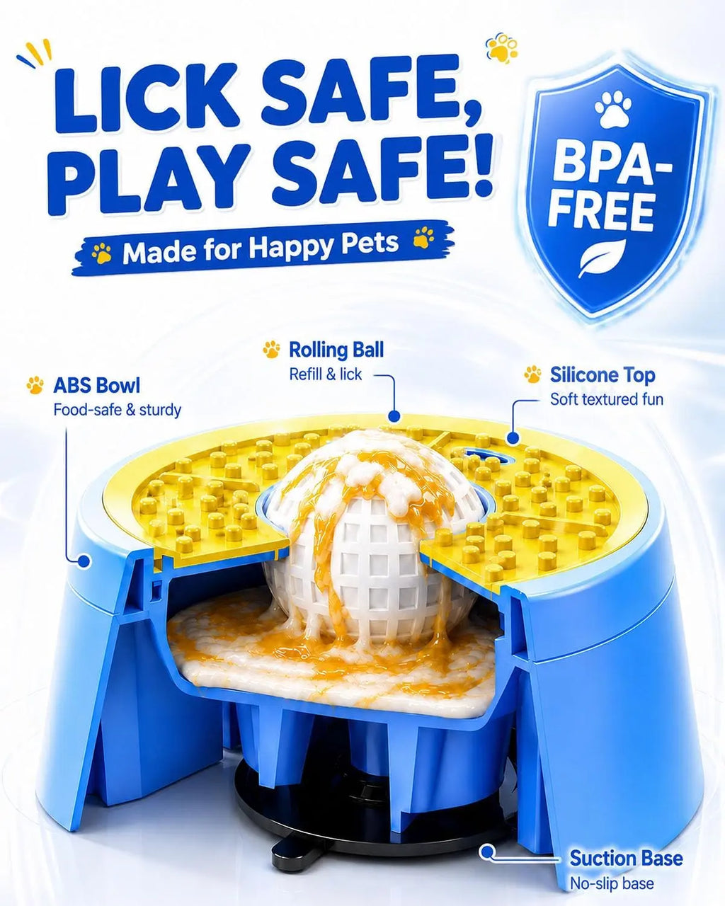 Interactive Slow Feeder Dog Bowl - 2-In-1 Enrichment Feeder with Rolling Lick Ball for Fast Eaters, Anti-Slip Suction Base for Frozen Treats, Yogurt & Wet Food, for Dogs & Cats